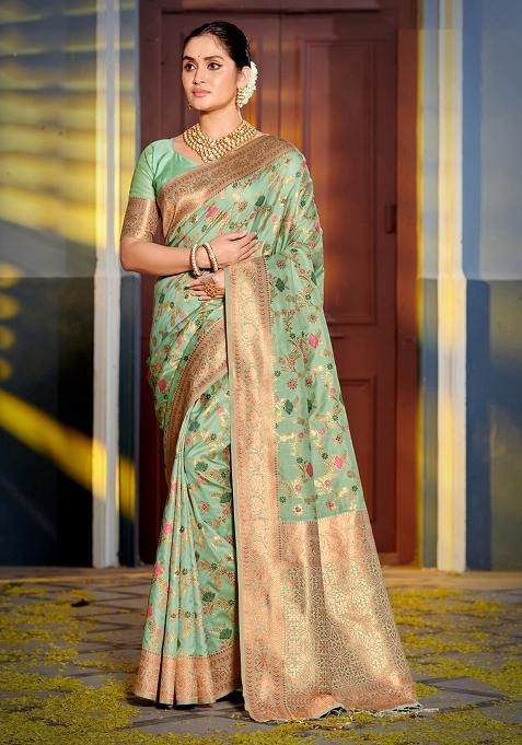 Sea Green Wevon Jacquard Designer Banarasi Silk Saree Set