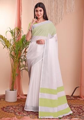 White Wevon Designer Linen Cotton Saree Set