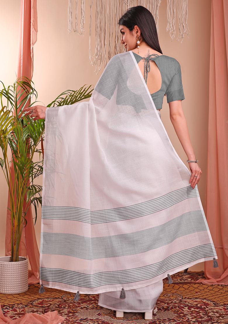 White Wevon Designer Linen Cotton Saree Set