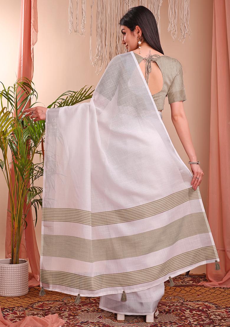 White Wevon Designer Linen Cotton Saree Set