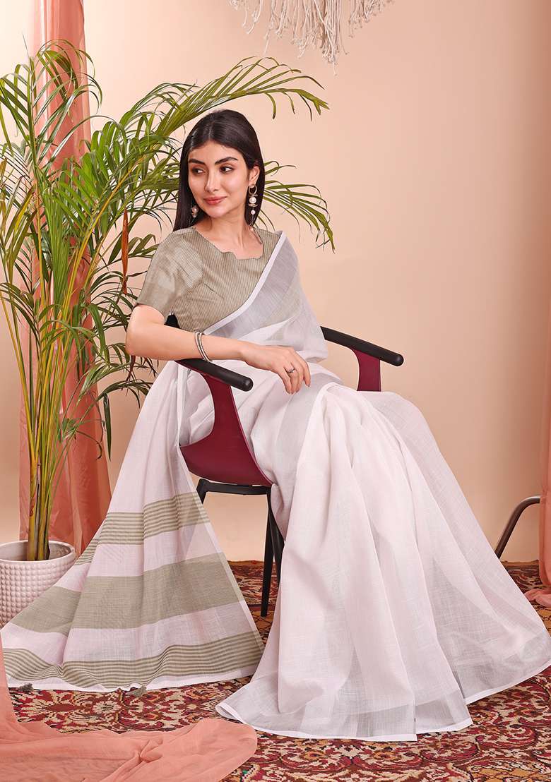 White Wevon Designer Linen Cotton Saree Set - Indya