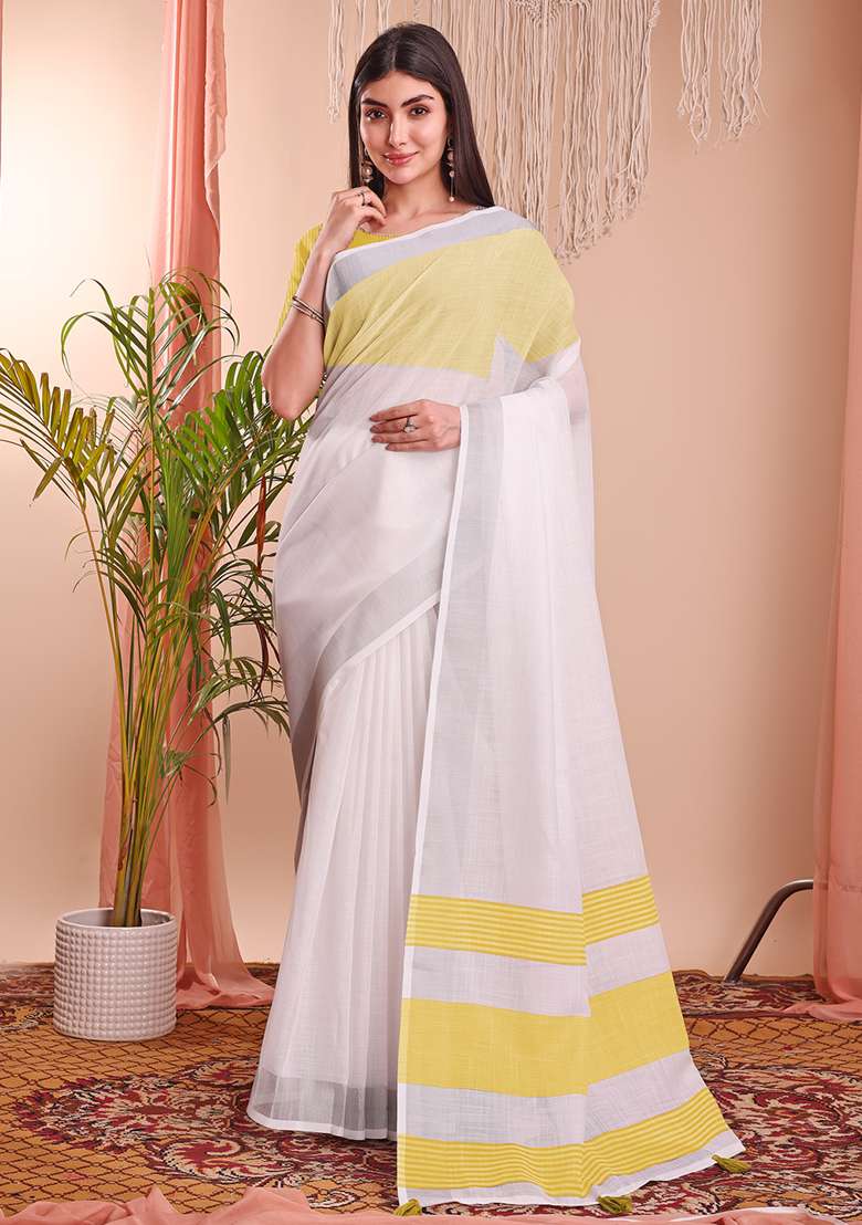 White Wevon Designer Linen Cotton Saree Set - Indya