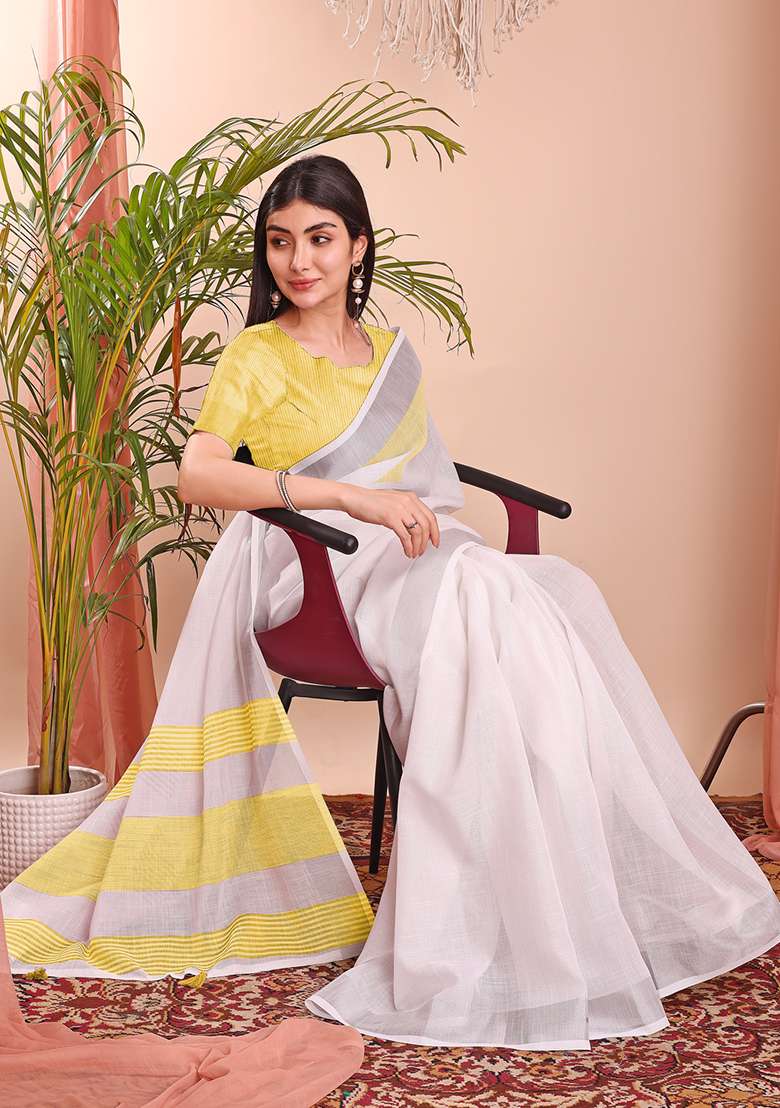 White Wevon Designer Linen Cotton Saree Set - Indya