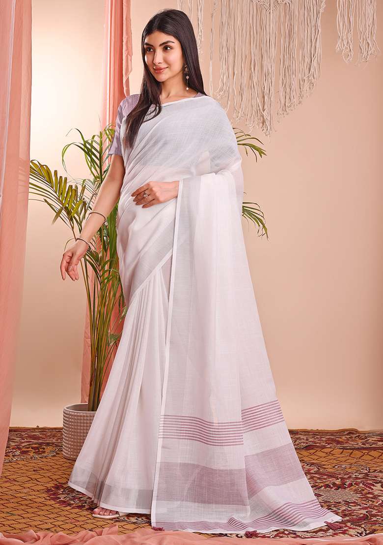 White Wevon Designer Linen Cotton Saree Set - Indya