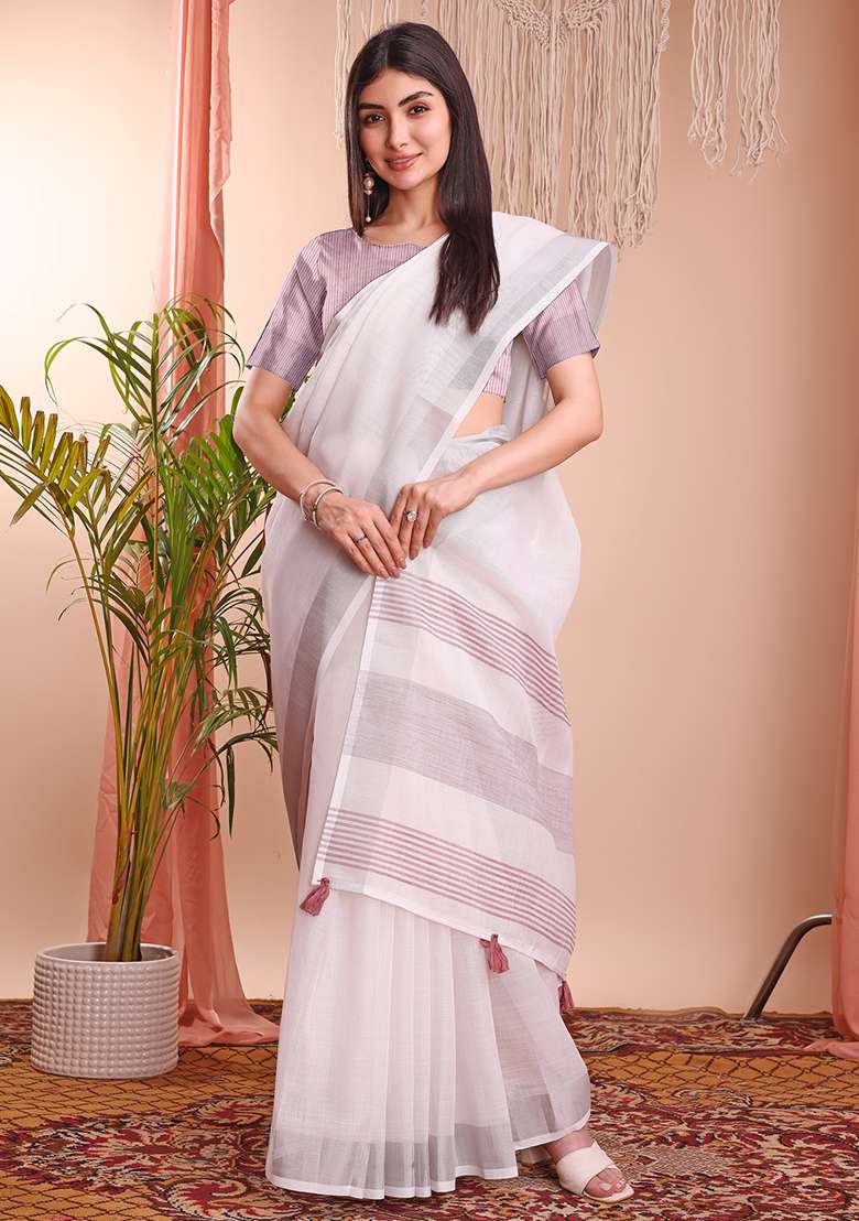 White Wevon Designer Linen Cotton Saree Set - Indya