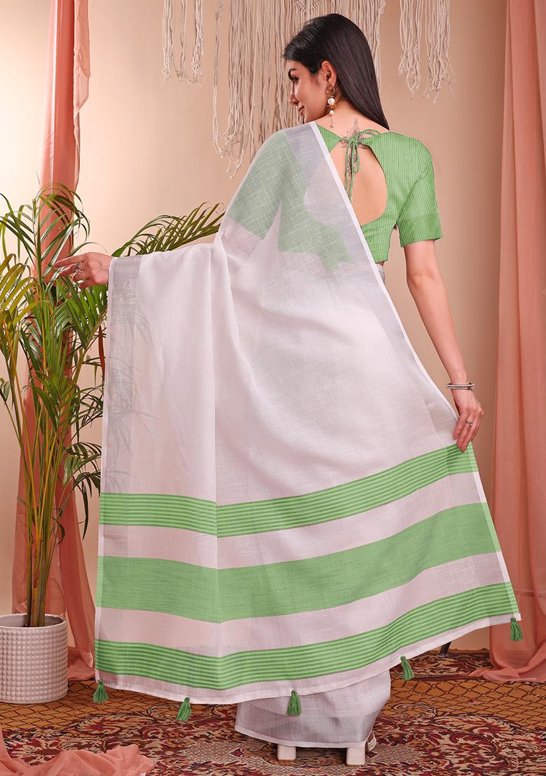 White Wevon Designer Linen Cotton Saree Set