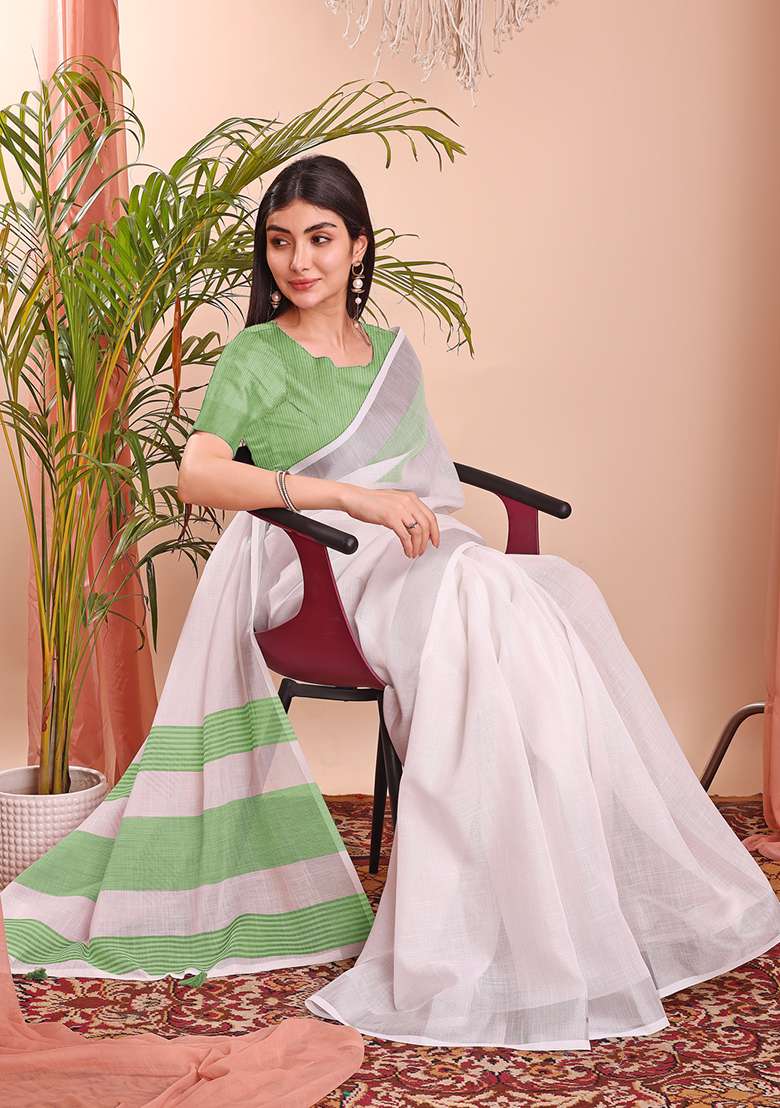 White Wevon Designer Linen Cotton Saree Set - Indya