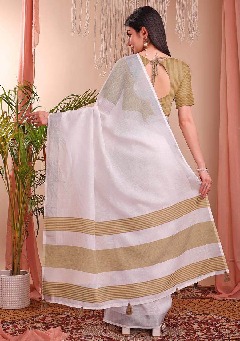 White Wevon Designer Linen Cotton Saree Set
