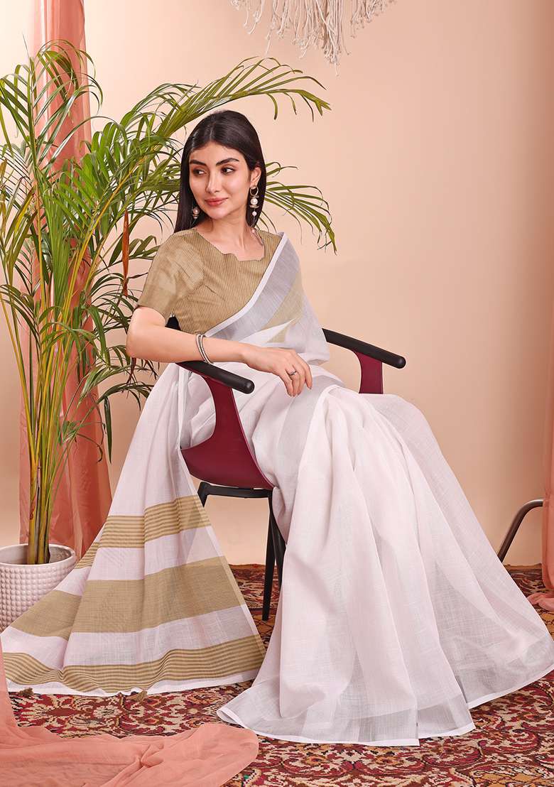 White Wevon Designer Linen Cotton Saree Set - Indya