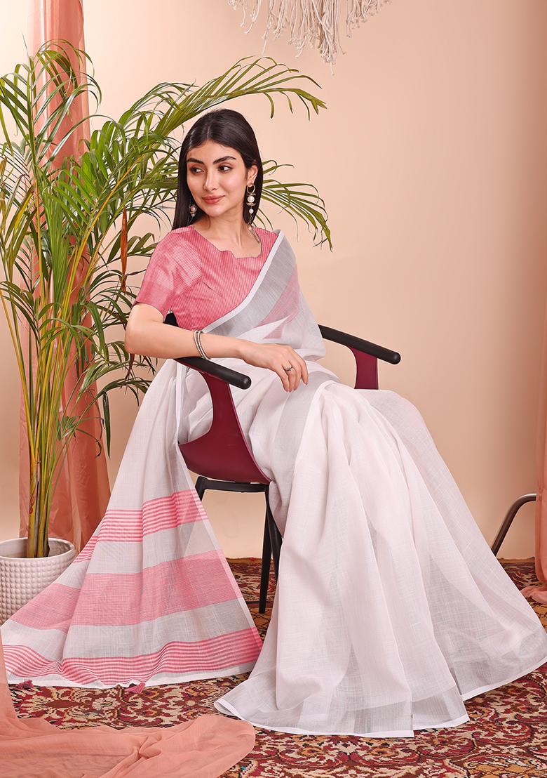 White Wevon Designer Linen Cotton Saree Set