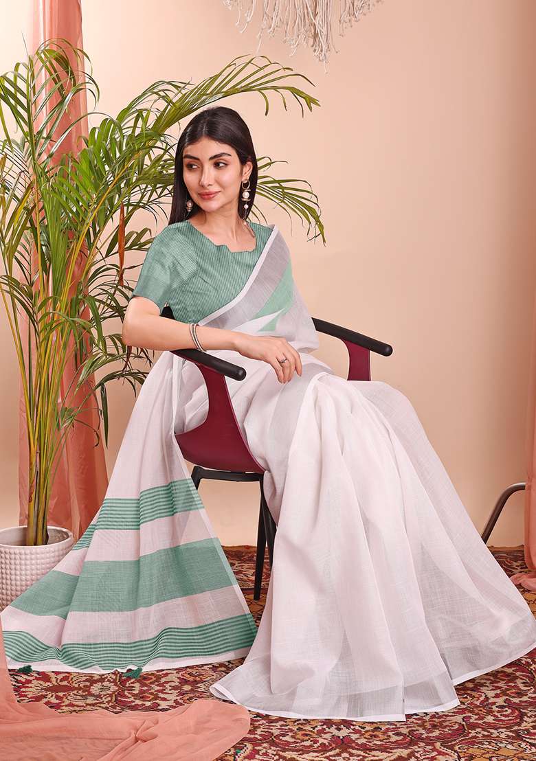 White Wevon Designer Linen Cotton Saree Set - Indya