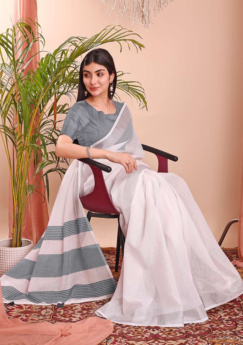White Wevon Designer Linen Cotton Saree Set - Indya
