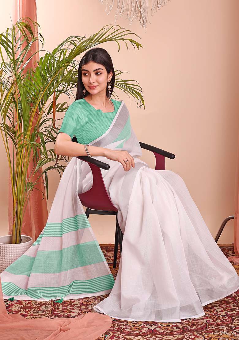 White Wevon Designer Linen Cotton Saree Set - Indya