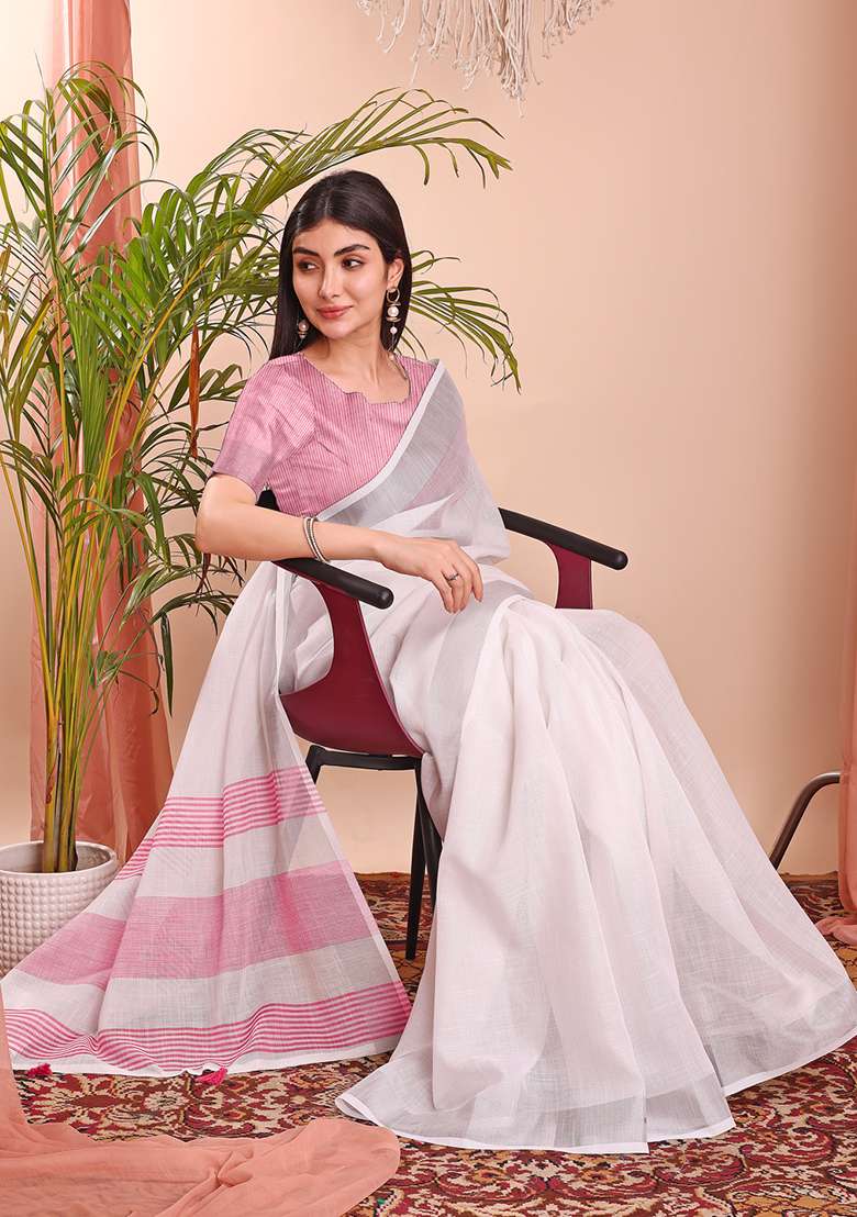 White Wevon Designer Linen Cotton Saree Set - Indya
