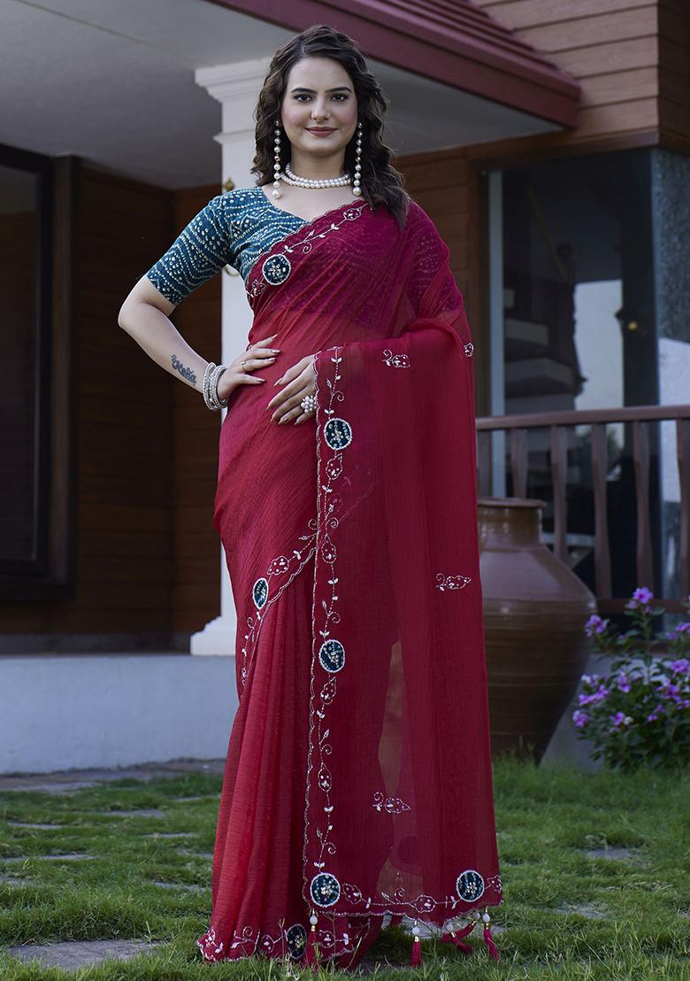 Maroon Petch And Jardosi And Diamond Hand Work Chiffon Saree Set
