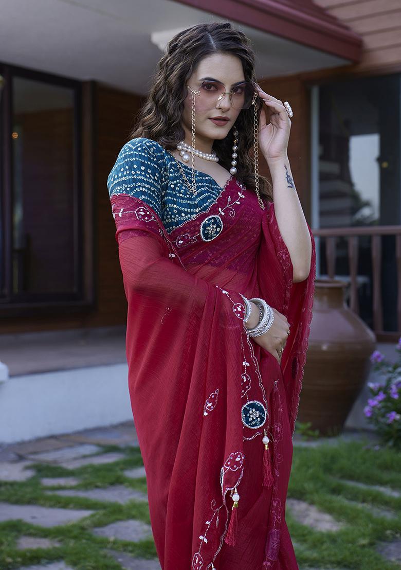 Maroon Petch And Jardosi And Diamond Hand Work Chiffon Saree Set