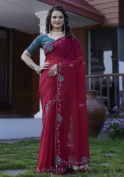 Maroon Petch And Jardosi And Diamond Hand Work Chiffon Saree Set