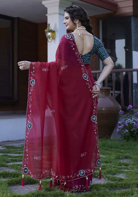 Maroon Petch And Jardosi And Diamond Hand Work Chiffon Saree Set