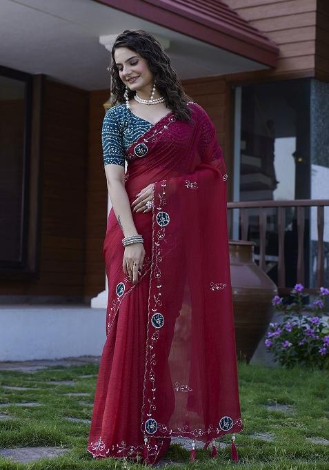 Maroon Petch And Jardosi And Diamond Hand Work Chiffon Saree Set