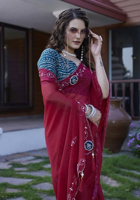 Maroon Petch And Jardosi And Diamond Hand Work Chiffon Saree Set