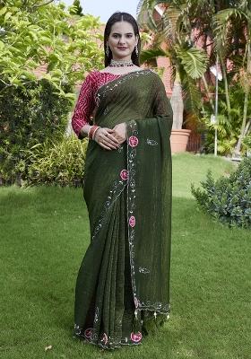 Green Petch And Jardosi And Diamond Hand Work Chiffon Saree Set