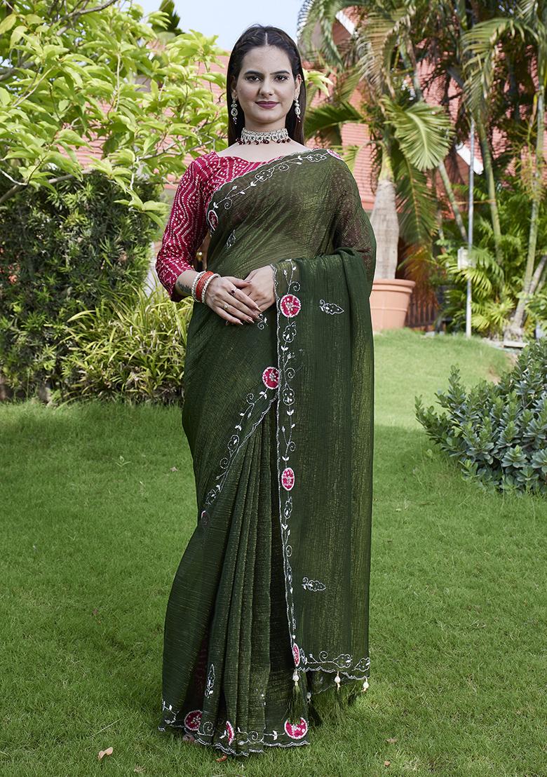 Green Petch And Jardosi And Diamond Hand Work Chiffon Saree Set