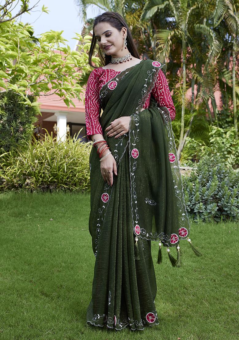 Green Petch And Jardosi And Diamond Hand Work Chiffon Saree Set