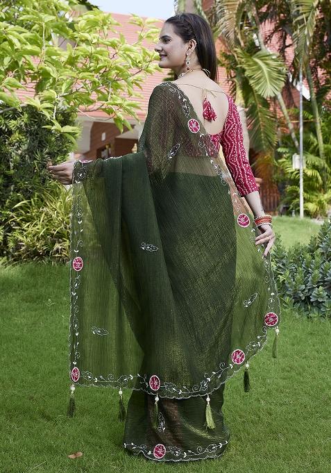 Green Petch And Jardosi And Diamond Hand Work Chiffon Saree Set