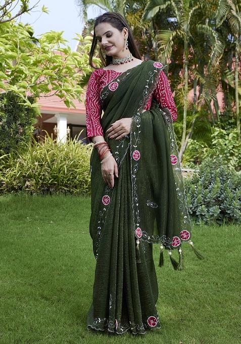 Green Petch And Jardosi And Diamond Hand Work Chiffon Saree Set