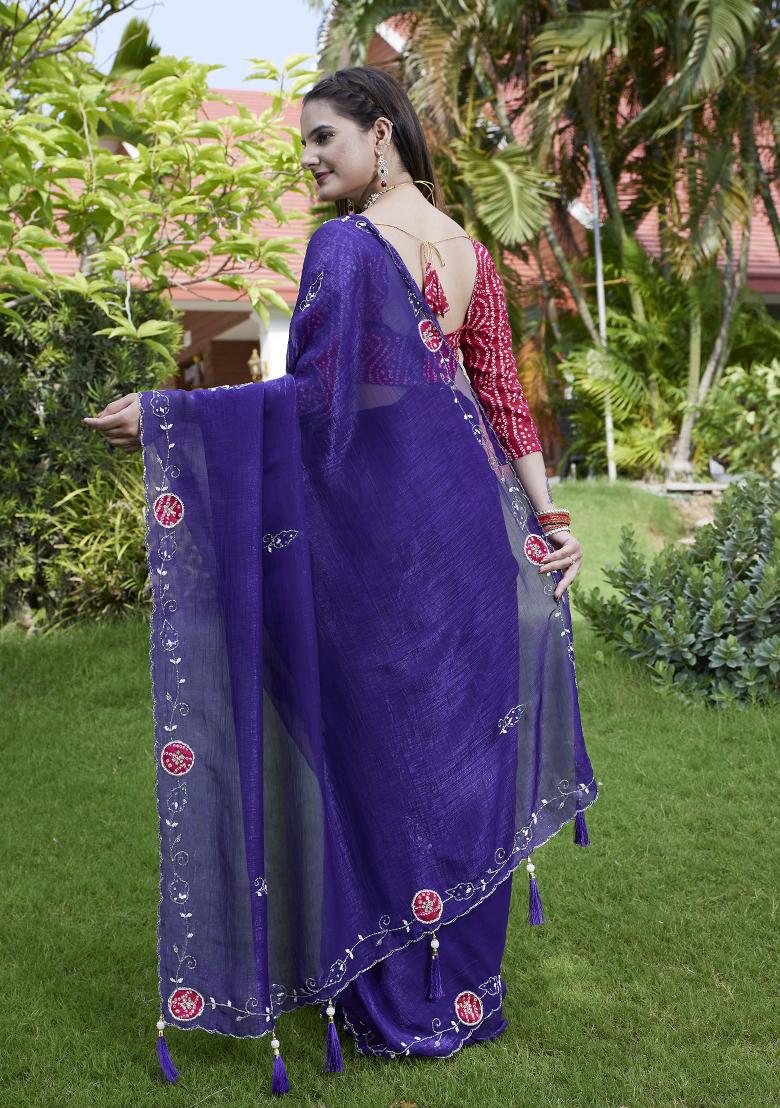Voilet Petch And Jardosi And Diamond Hand Work Chiffon Saree Set