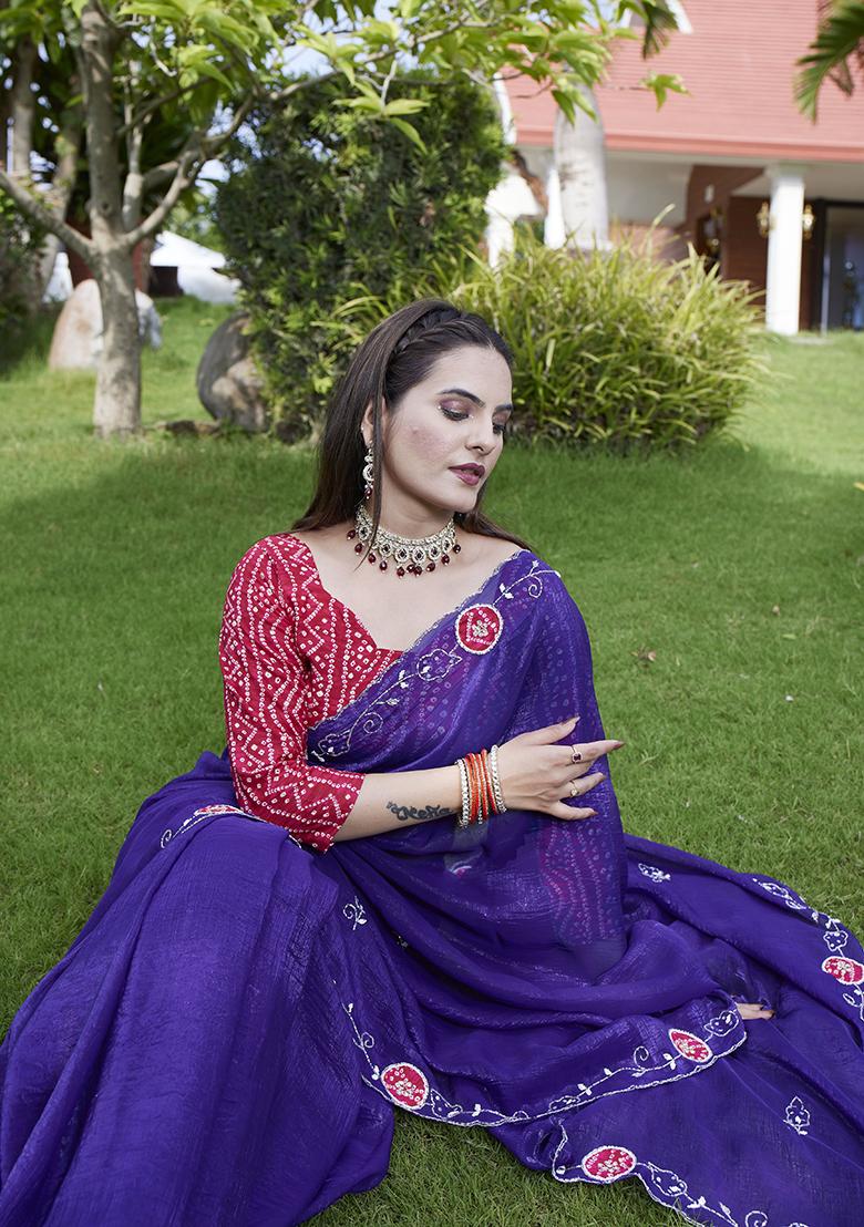 Voilet Petch And Jardosi And Diamond Hand Work Chiffon Saree Set