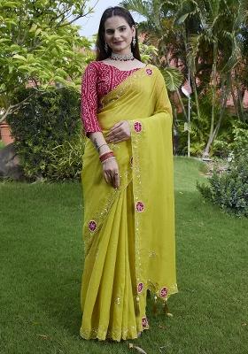 Lemon Yellow Petch And Jardosi And Diamond Hand Work Chiffon Saree Set