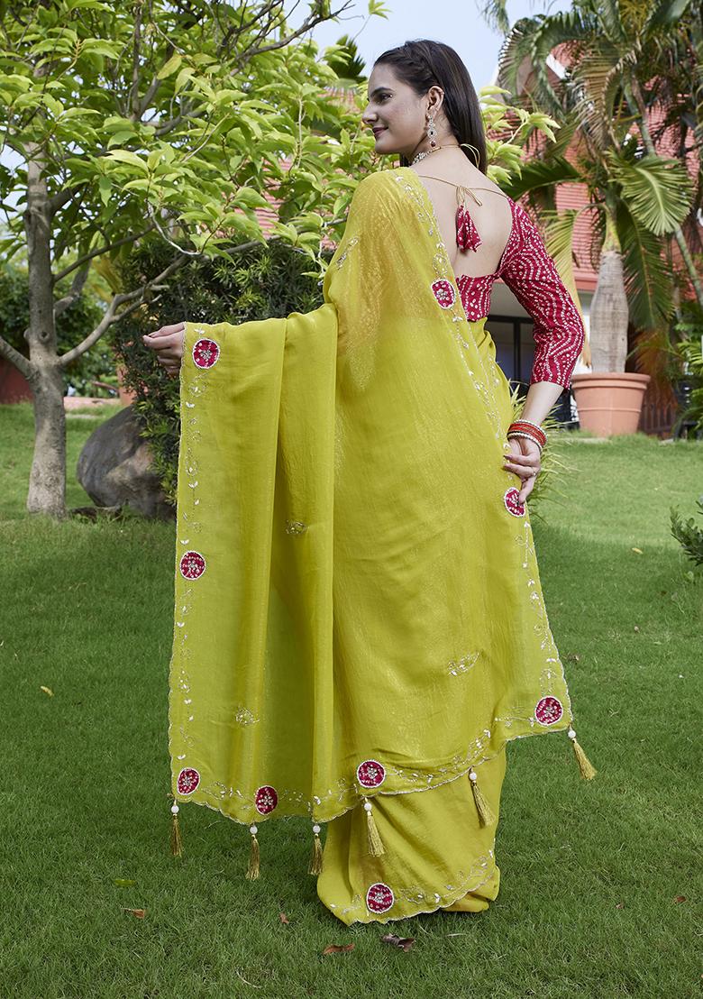 Lemon Yellow Petch And Jardosi And Diamond Hand Work Chiffon Saree Set