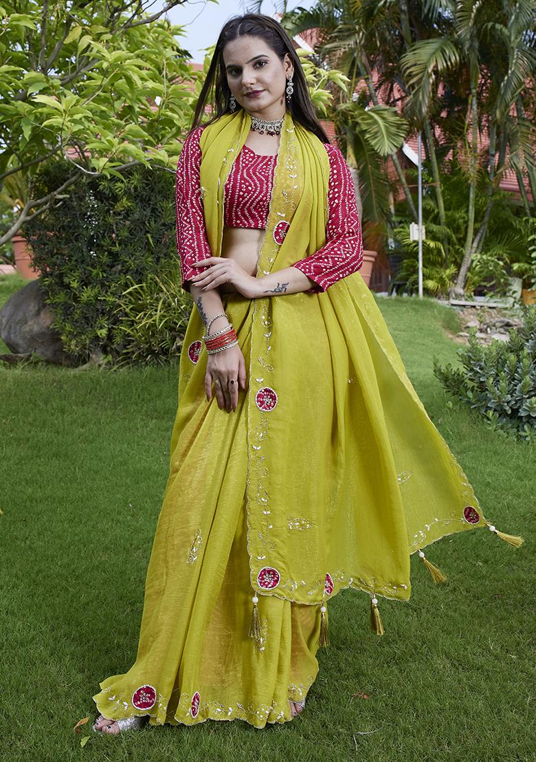 Lemon Yellow Petch And Jardosi And Diamond Hand Work Chiffon Saree Set
