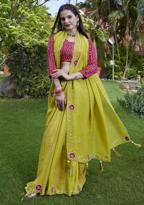 Lemon Yellow Petch And Jardosi And Diamond Hand Work Chiffon Saree Set