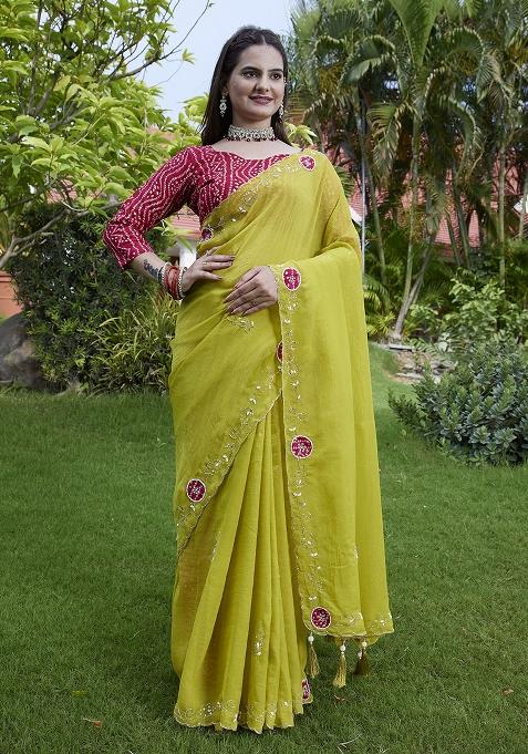 Lemon Yellow Petch And Jardosi And Diamond Hand Work Chiffon Saree Set
