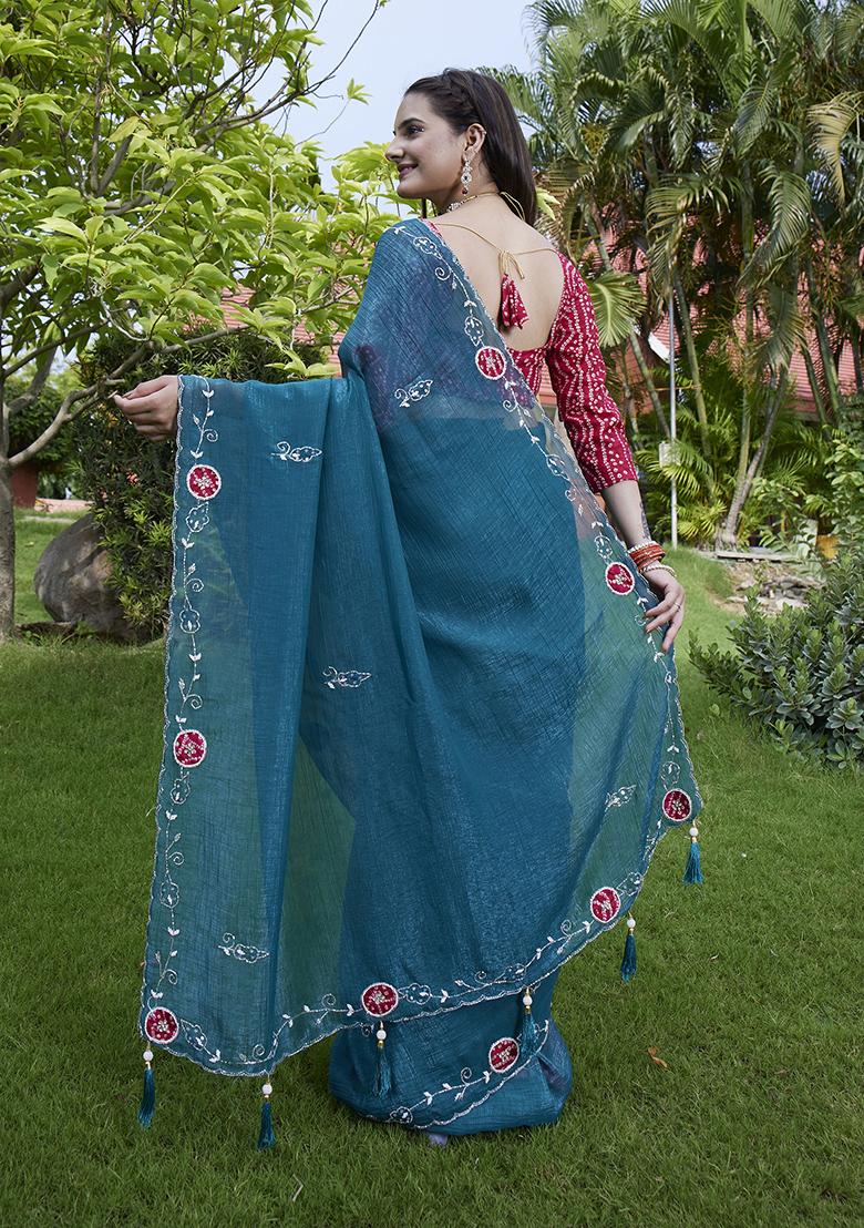 Teal Blue Petch And Jardosi And Diamond Hand Work Chiffon Saree Set