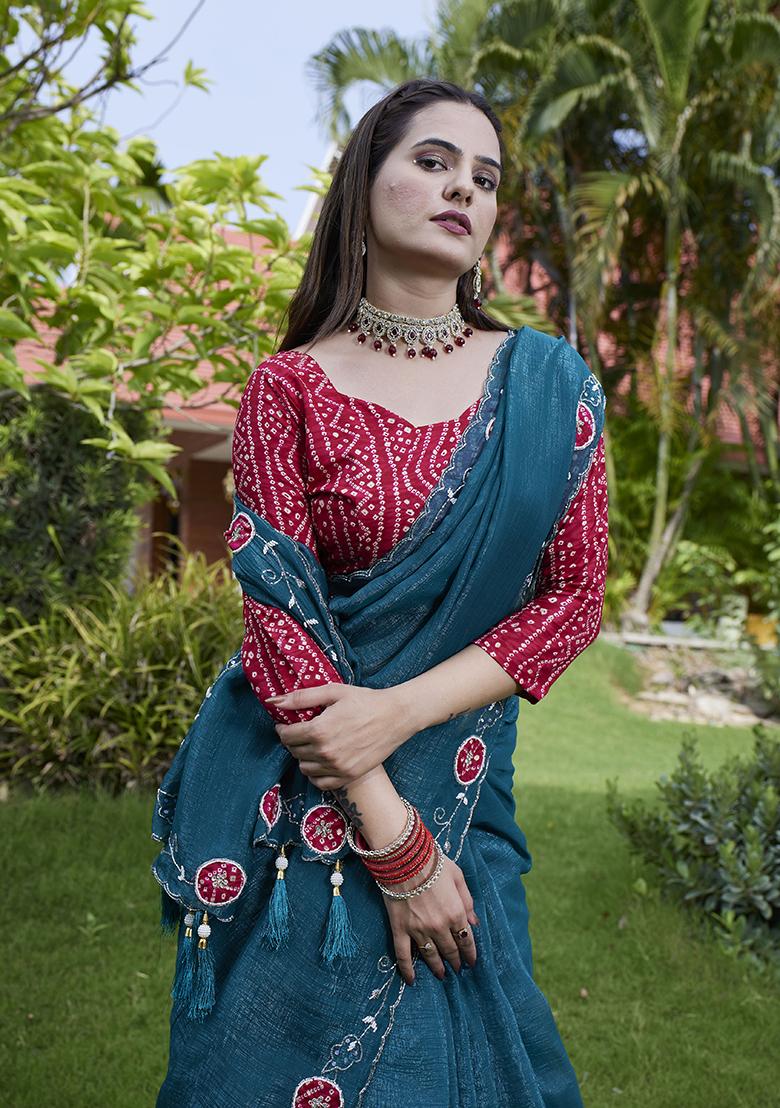 Teal Blue Petch And Jardosi And Diamond Hand Work Chiffon Saree Set