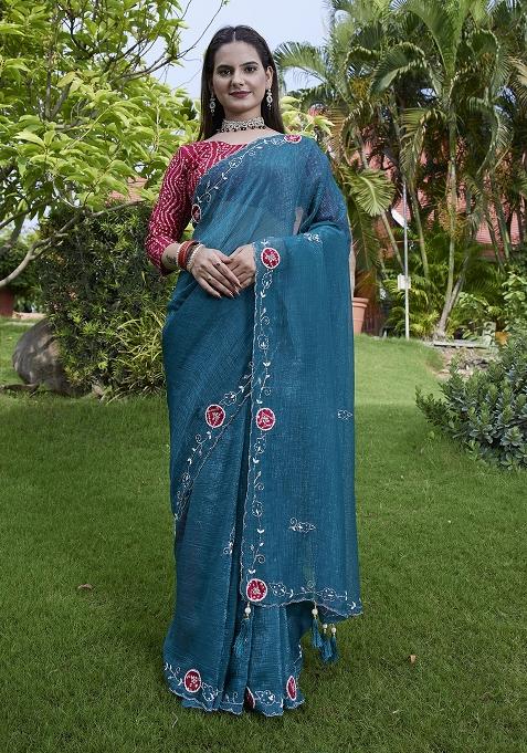 Teal Blue Petch And Jardosi And Diamond Hand Work Chiffon Saree Set