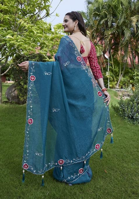 Teal Blue Petch And Jardosi And Diamond Hand Work Chiffon Saree Set