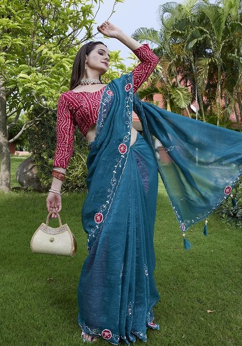 Teal Blue Petch And Jardosi And Diamond Hand Work Chiffon Saree Set