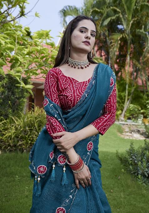 Teal Blue Petch And Jardosi And Diamond Hand Work Chiffon Saree Set