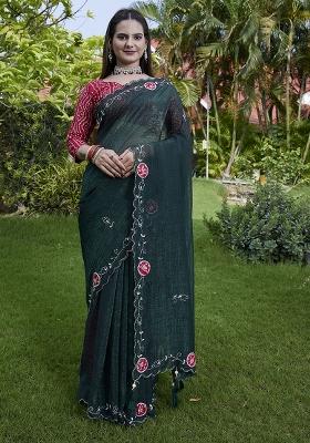 Green Petch And Jardosi And Diamond Hand Work Chiffon Saree Set