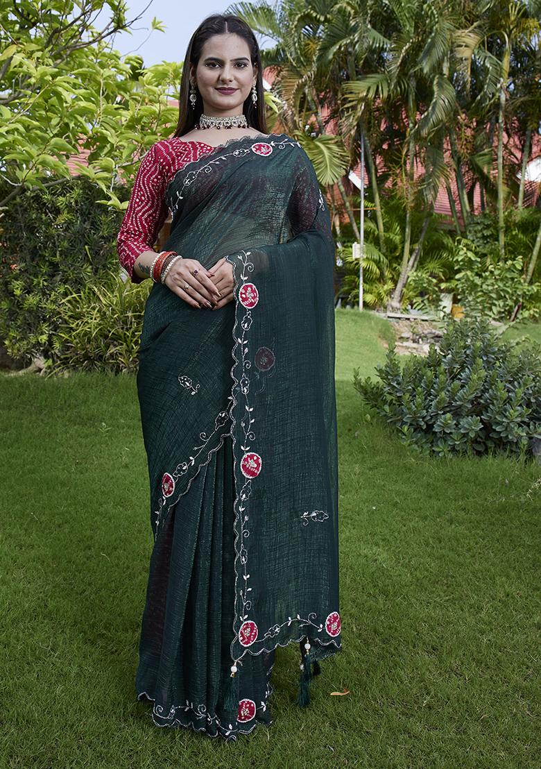 Green Petch And Jardosi And Diamond Hand Work Chiffon Saree Set