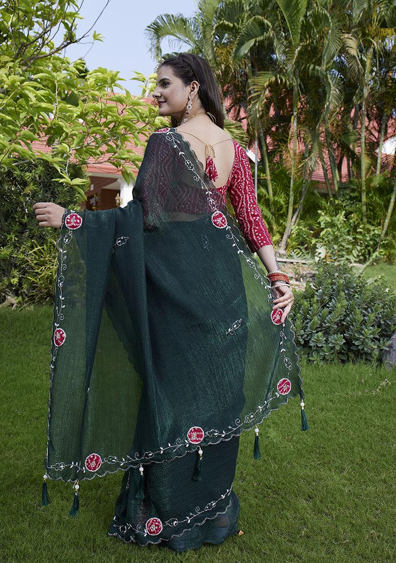 Green Petch And Jardosi And Diamond Hand Work Chiffon Saree Set