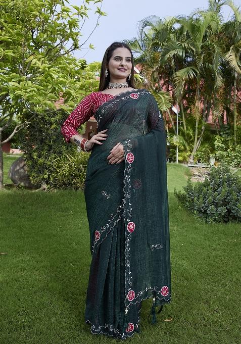 Green Petch And Jardosi And Diamond Hand Work Chiffon Saree Set