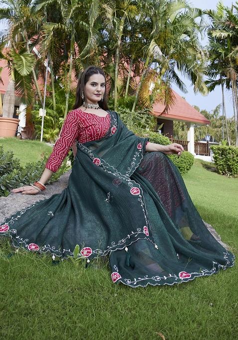 Green Petch And Jardosi And Diamond Hand Work Chiffon Saree Set