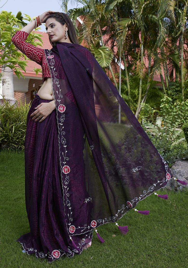 Purple Petch And Jardosi And Diamond Hand Work Chiffon Saree Set