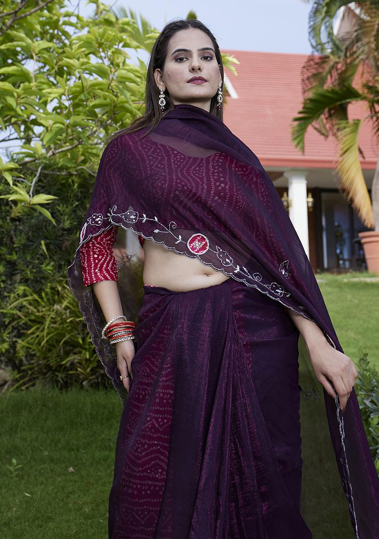 Purple Petch And Jardosi And Diamond Hand Work Chiffon Saree Set