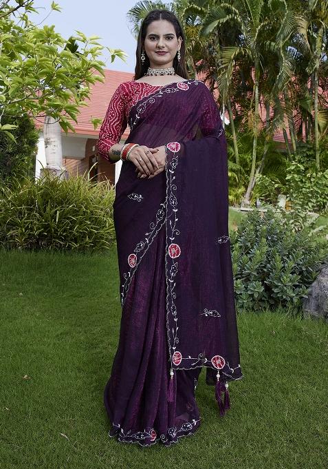 Purple Petch And Jardosi And Diamond Hand Work Chiffon Saree Set
